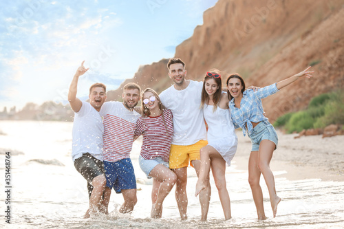 Happy friends on sea beach ...