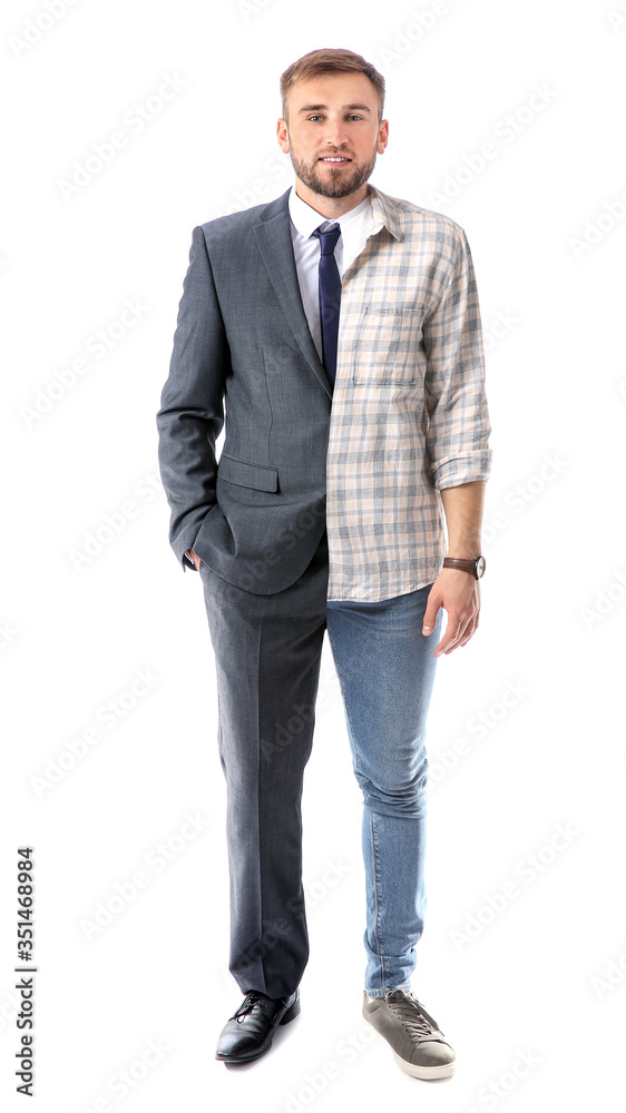 Comparison portrait of man in formal and casual clothes on white background - obrazy, fototapety, plakaty 