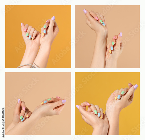 Slika na platnu Hands of young woman with beautiful manicure on color background