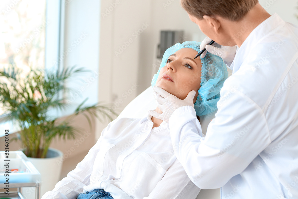 Obraz premium Plastic surgeon applying marks on woman's face in clinic