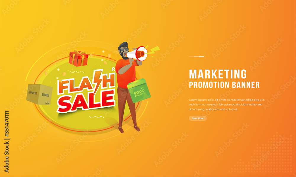 Flash sale promotion concept with illustration of the man holding the speaker