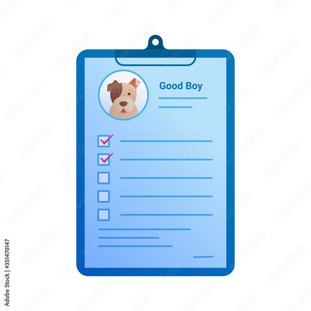 Clipboard with veterinary checklist isolated icon. Medical document with dog information and photo. Big terrier patient at medical examination, pets diagnosis and treatment vector illustration. Clipboard with veterinary checklist isolated icon. Medical document with dog information and photo. Big terrier patient at medical examination, pets diagnosis and treatment vector illustration.
