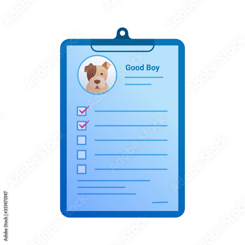 Clipboard with veterinary checklist isolated icon. Medical document with dog information and photo. Big terrier patient at medical examination, pets diagnosis and treatment vector illustration.