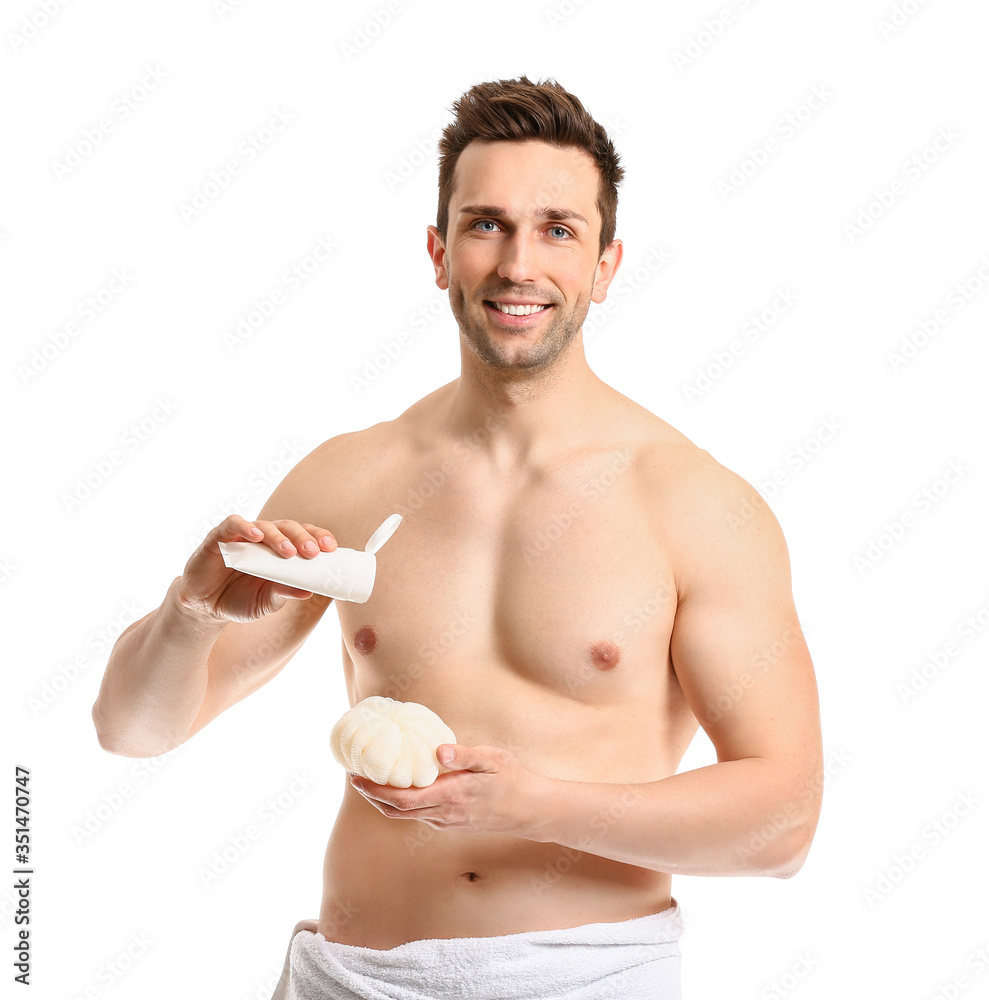 Handsome man with shower gel and loofah on white background Handsome man with shower gel and loofah on white background