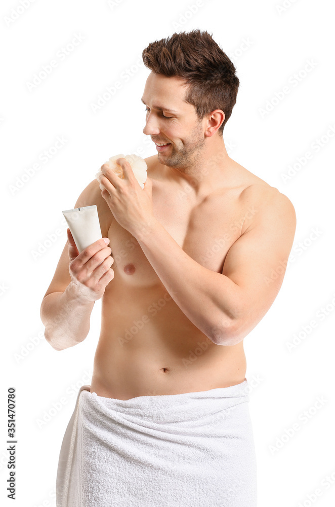Handsome man with shower gel and loofah on white background Handsome man with shower gel and loofah on white background