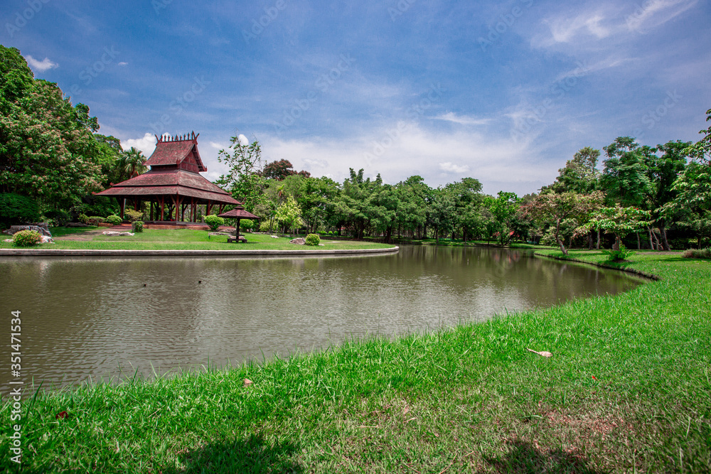 Obraz premium natural background of the green atmosphere in the park,with many beautifully decorated trees,plants for the public to come and relax with the family during the holidays