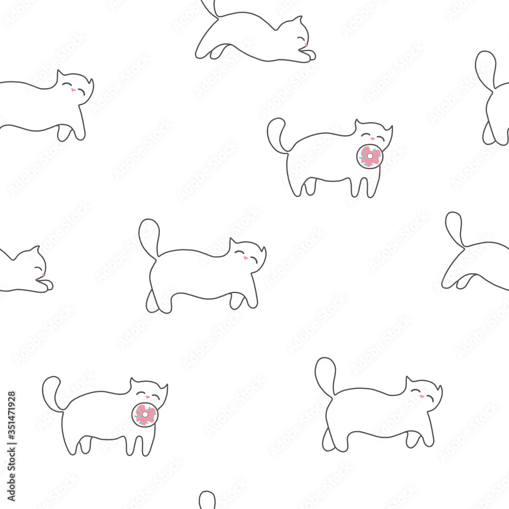 Vector seamless pattern with different cute cats. Isolated, outlined, hand-drawn. White background