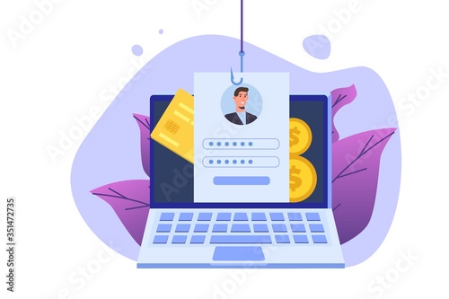 Data phishing, hacking online scam on computer laptop concept. Hacker attack and web security concept. Fishing by email, envelope and fishing hook. Cyber thief. Vector illustration.