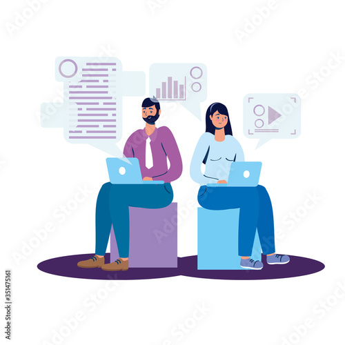 young couple using laptop and social media tech