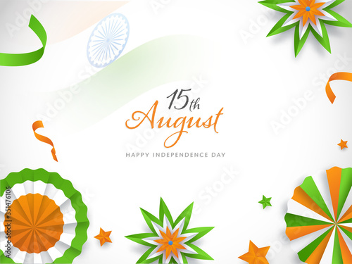 15th August Font with Indian Tricolor Paper Badge, Flowers and Stars Decorated on White Background for Happy Independence Day.