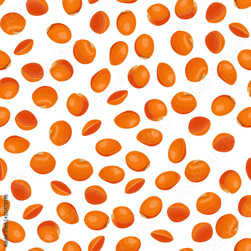 Red lentils seamless pattern. Vector illustration of healthy beans isolated on white background. Cartoon flat style. Organic food.