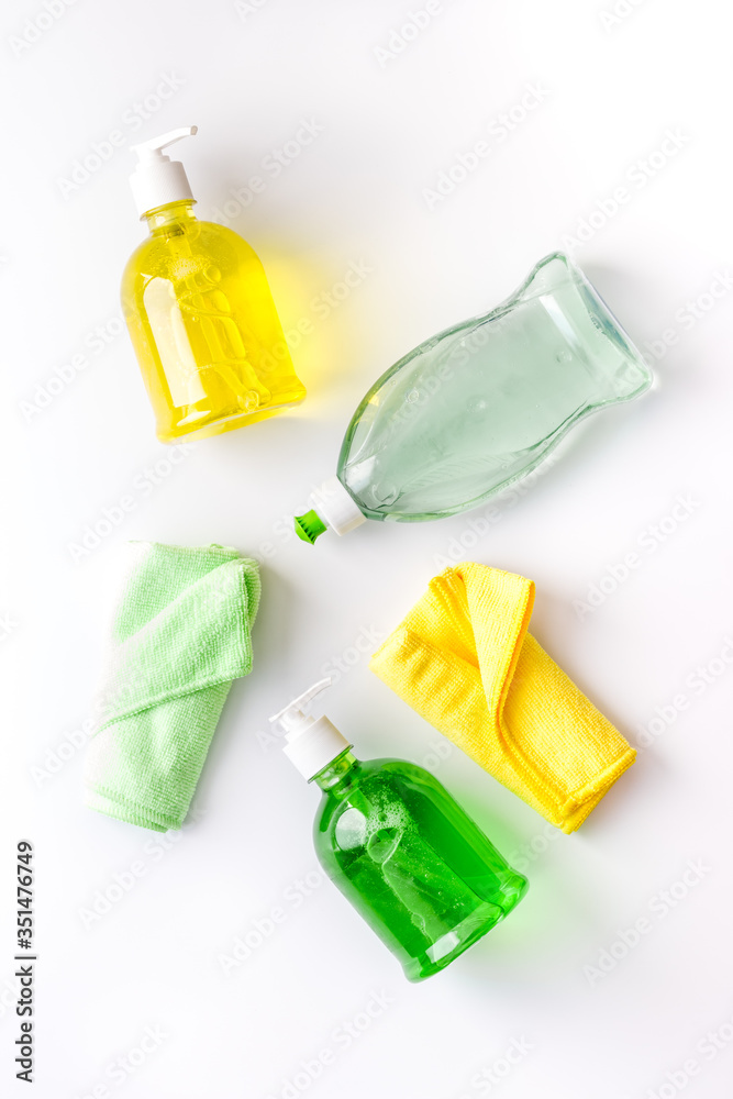 Gloves, soap, facial mask - coronavirus prevention - from above Gloves, soap, facial mask - coronavirus prevention - from above