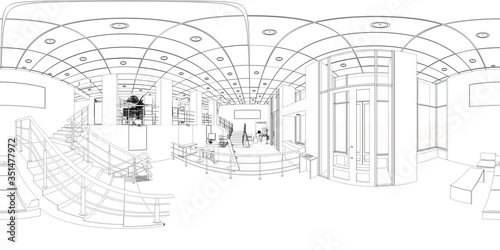 spherical panorama of the interior, contour visualization, 3D illustration, sketch, outline 
