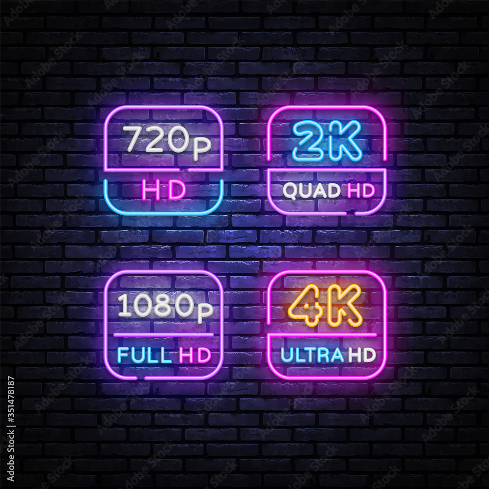 4k 2k Ultra Hd Video Resolution Set Neon Signs Vector Design Template