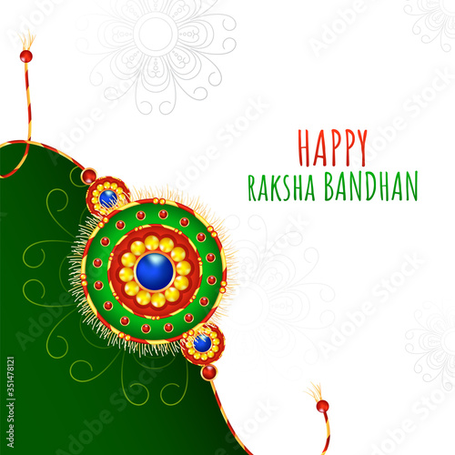 Happy Raksha Bandhan Font with Beautiful Rakhi (Wristband) on White and Green Floral Background.