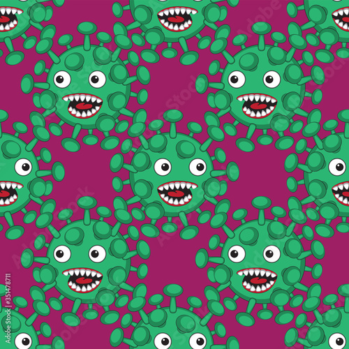 seamless green cartoon virus on a crimson background. Vector image