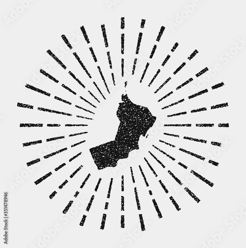 Vintage map of Oman. Grunge sunburst around the country. Black Oman shape with sun rays on white background. Vector illustration.