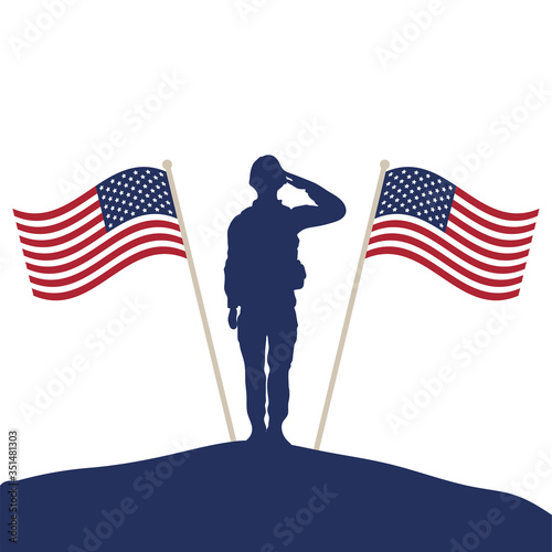 soldier saluting silhouette with usa flags