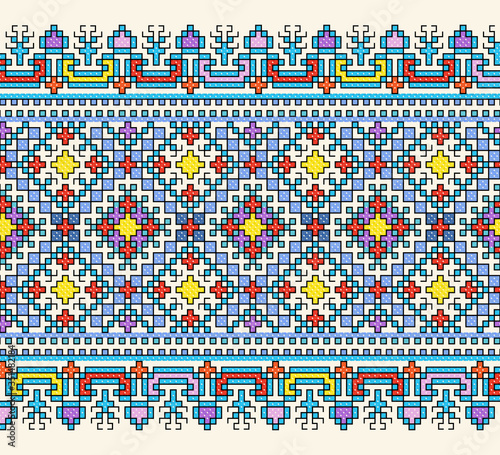 Embroidered old handmade cross-stitch ethnic Ukrainian pattern. Towel with ornament, called rushnyk in vector
