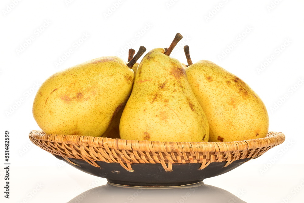 Juicy sweet, organic pears, close-up, on a white background.