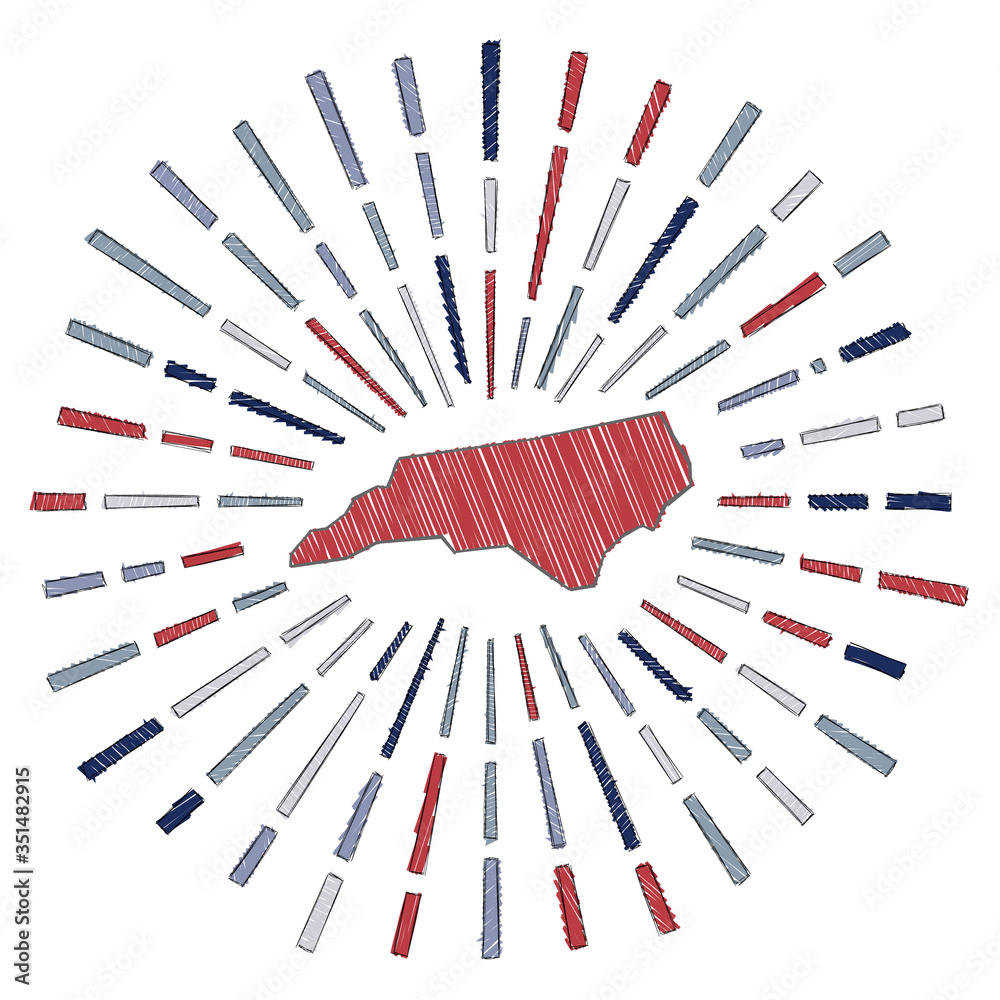 Sketch map of North Carolina. Sunburst around the us state in flag ...