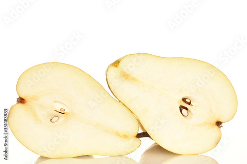 Juicy sweet, organic pears, close-up, on a white background.