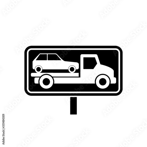 Tow truck road sign. Towing truck van with car icon isolated on white background