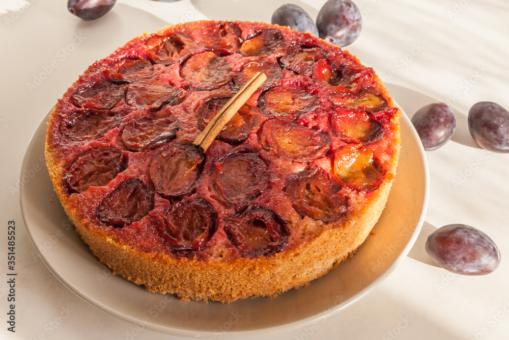 Homemade plum pie. Delicious family dessert. Home cooking Homemade plum pie. Delicious family dessert. Home cooking