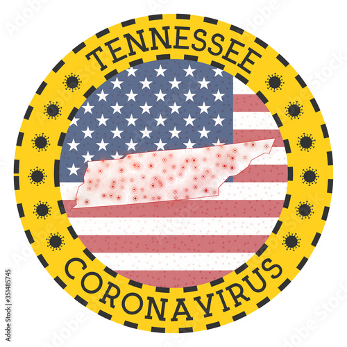 Coronavirus in Tennessee sign. Round badge with shape of Tennessee. Yellow us state lock down emblem with title and virus signs. Vector illustration.