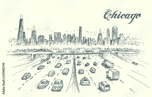 Chicago city busy traffic scene hand drawn. Vector illustration.
