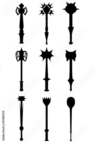 A set of nine different types of medieval maces. Illustration for various purposes of icons, brochures, banners, logos.