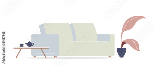 Living room interior cartoon vector illustration. Cozy city cafe furniture. Office lounge zone. Comfortable sofa and teapot flat color objects. Houseplant and coffee table isolated on white background