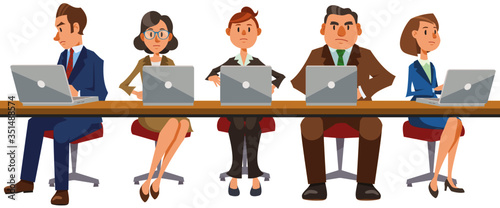 Several business people working on laptop computer sit in line side by side. Vector illustration in flat cartoon style.