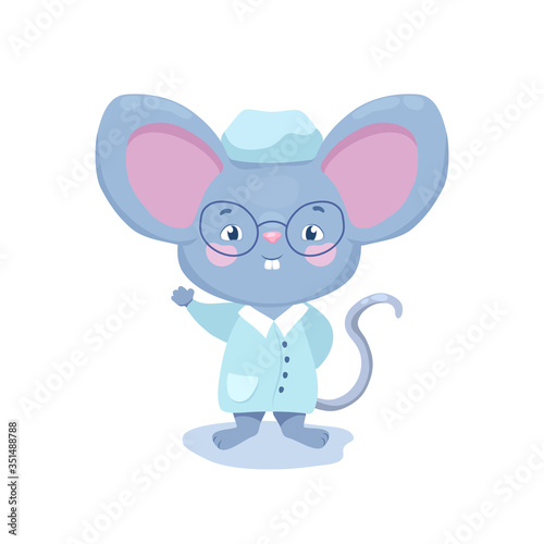 Cute doctor mouse in glasses vector character on white background. Kids doctor mascot isolated