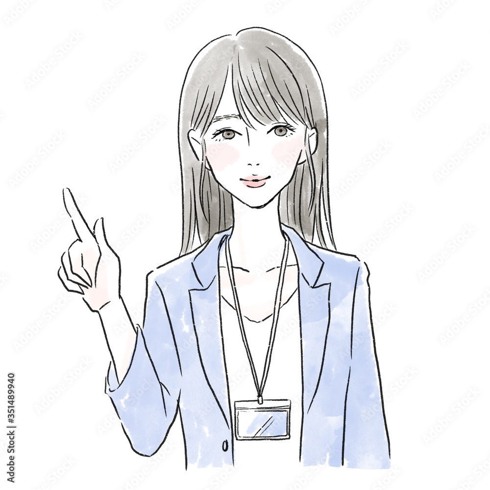 笑顔で指をさすスーツの女性