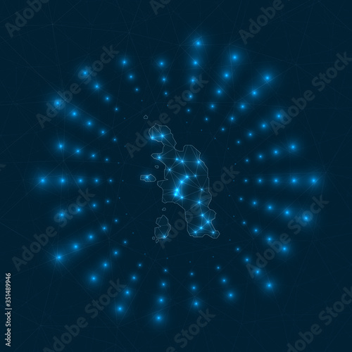Pangkor Island digital map. Glowing rays radiating from the island. Network connections and telecommunication design. Vector illustration.