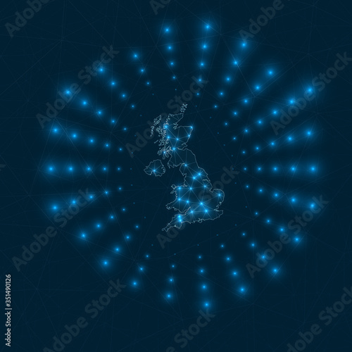 United Kingdom digital map. Glowing rays radiating from the country. Network connections and telecommunication design. Vector illustration.