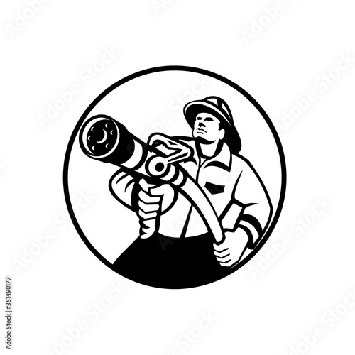Fireman Firefighter Aiming Fire Hose Circle Black and White