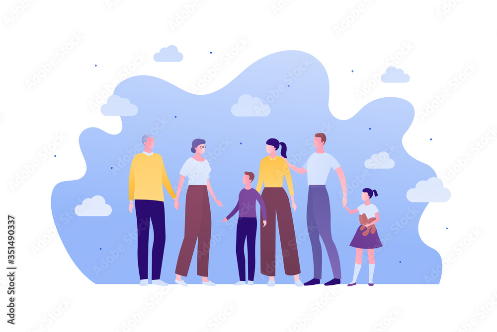 Big family relationship and support concept. Vector flat person illustration. Parents with kids talking with grandparents. Young, adult and senior character. Design element for banner, infographic. Big family relationship and support concept. Vector flat person illustration. Parents with kids talking with grandparents. Young, adult and senior character. Design element for banner, infographic.