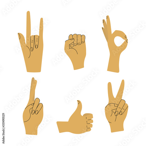 Set of hands showing gesture. Devil horns, ok, fist symbol of power, peace, cross fingers and good. Flat vector illustration. Isolated on white background.