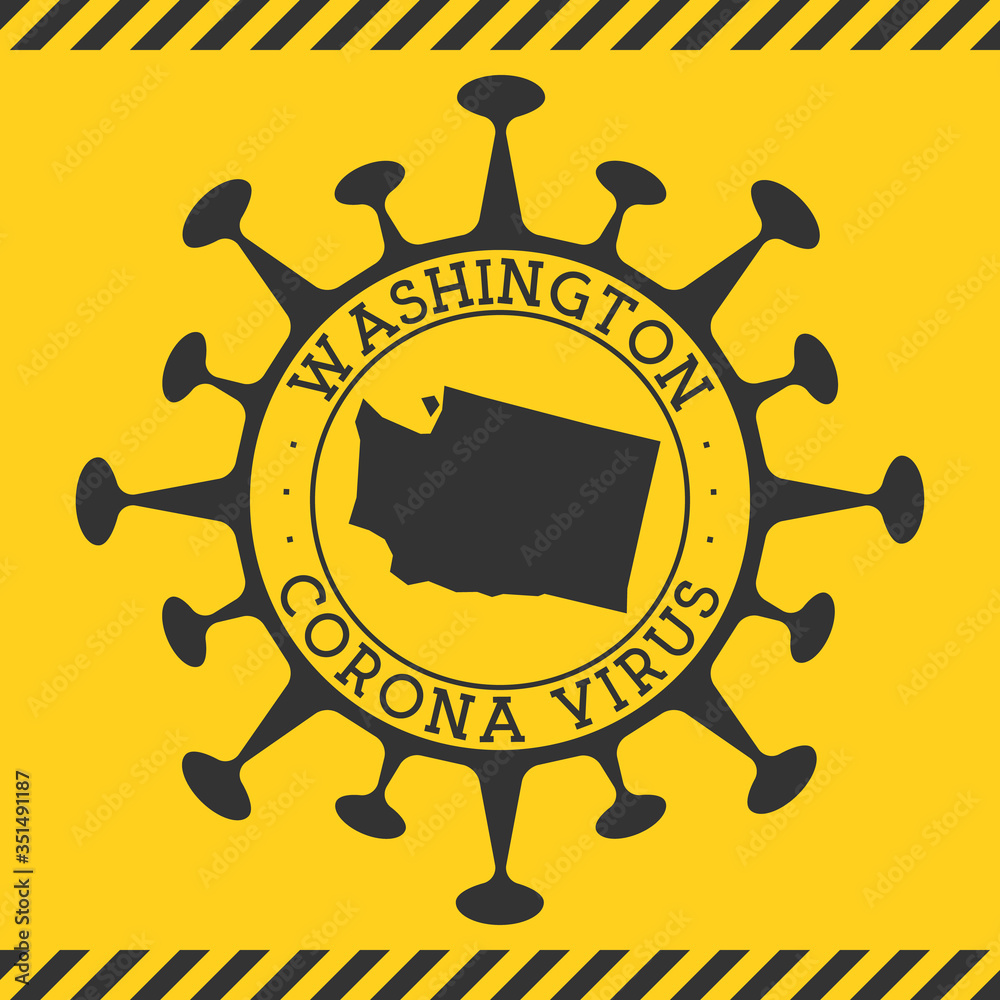 Corona virus in Washington sign. Round badge with shape of virus and Washington map. Yellow us state epidemy lock down stamp. Vector illustration.