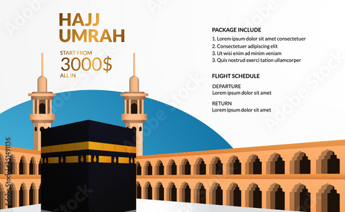 simple modern hajj and umrah tour travel poster, flyer, banner template with kaaba realistic illustration.