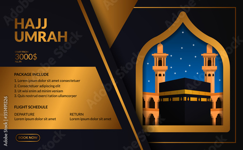 modern elegant luxury hajj and umrah tour travel poster, flyer, banner template with kaaba realistic from window with golden frame illustration.