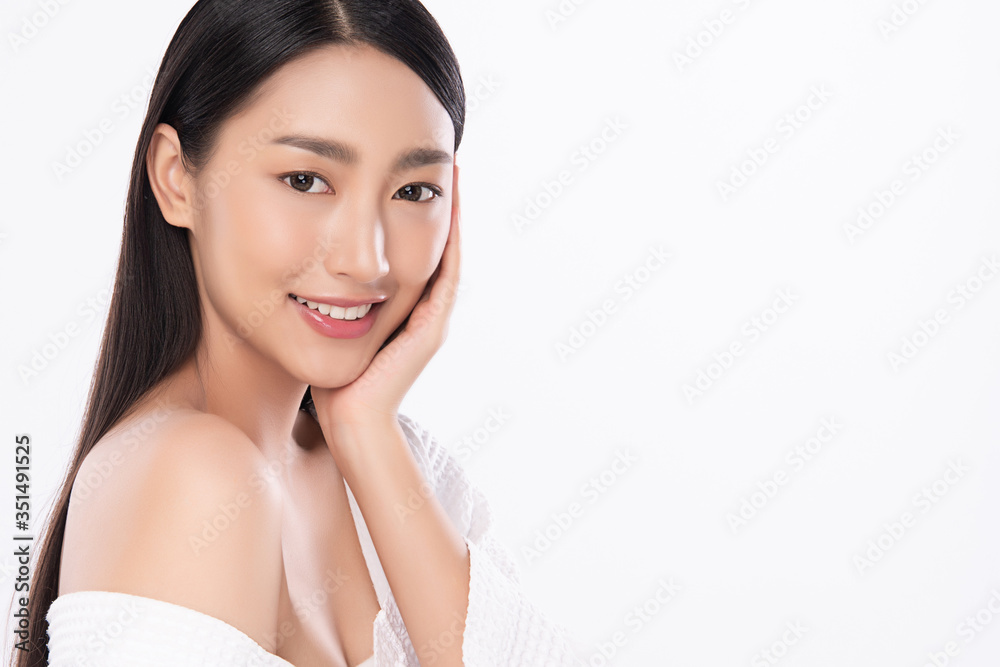 Beautiful Young Asian Woman touching her clean face with fresh Healthy Skin, isolated on white background, Beauty Cosmetics and Facial treatment Concept Beautiful Young Asian Woman touching her clean face with fresh Healthy Skin, isolated on white background, Beauty Cosmetics and Facial treatment Concept