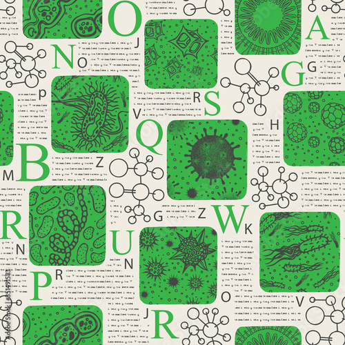 Vector seamless pattern on the theme of bio Sciences, medicine, biology. A repeating background in the form of a magazine page with illegible text and drawings of various microorganisms and bacillus