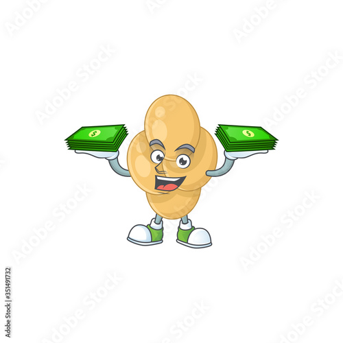 A cheerful bordetella pertussis cartoon mascot design having some money on hands photo