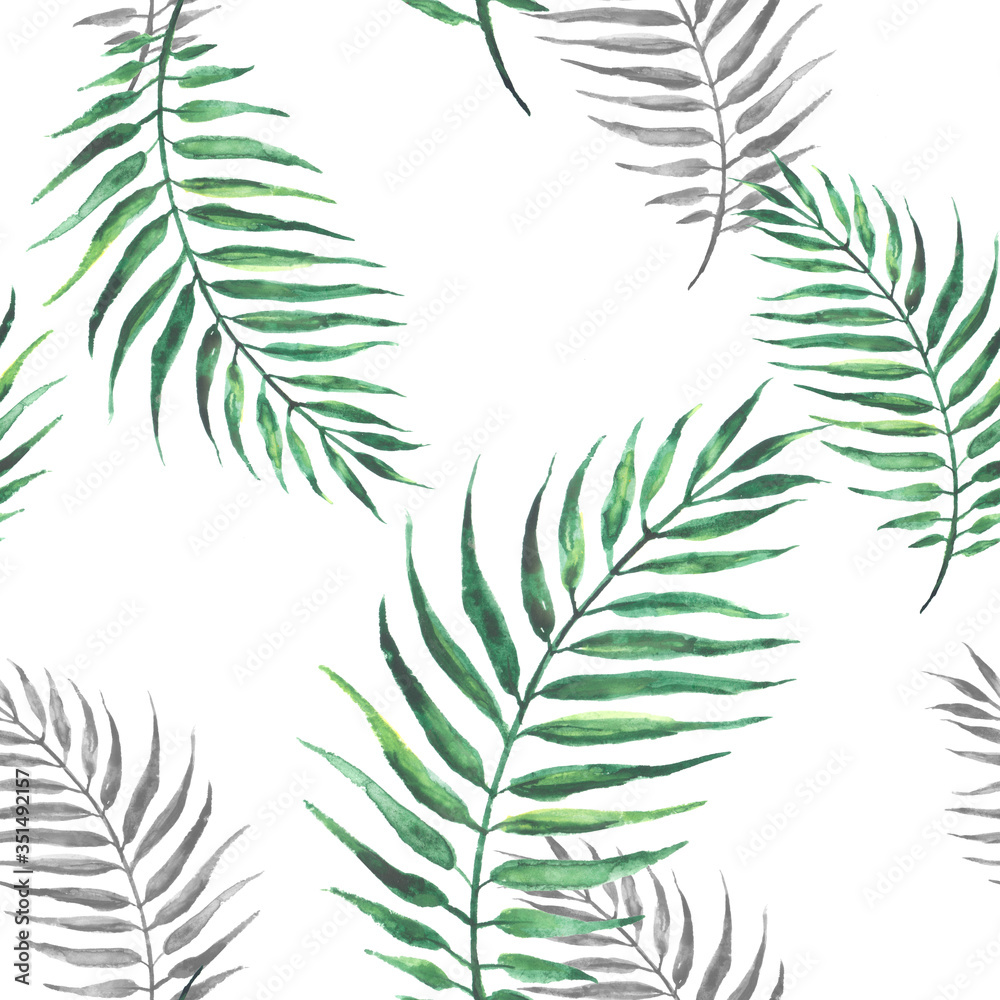 Seamless watercolor background from green tropical leaves, palm leaf, floral pattern. Bright Rapport for Paper, Textile, Wallpaper, design. Tropical leaves watercolor. Exotic tropical palm tree 