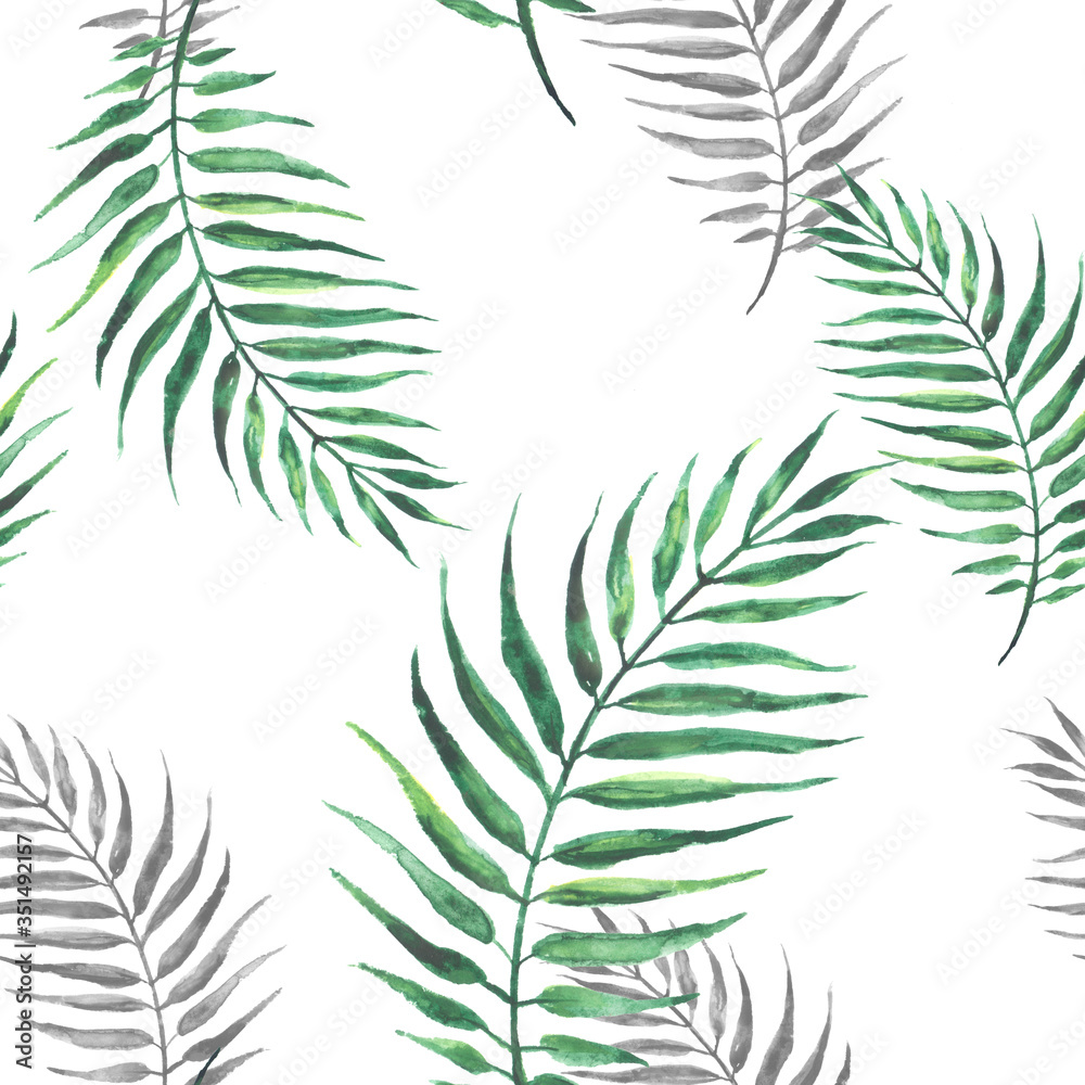 Seamless watercolor background from green tropical leaves, palm leaf, floral pattern. Bright Rapport for Paper, Textile, Wallpaper, design. Tropical leaves watercolor. Exotic tropical palm tree Seamless watercolor background from green tropical leaves, palm leaf, floral pattern. Bright Rapport for Paper, Textile, Wallpaper, design. Tropical leaves watercolor. Exotic tropical palm tree