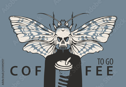 Vector banner on the theme of coffee with the inscription Coffee to go. Creative graphic illustration of a mysterious man with a moth instead of a head, who holds a paper Cup of coffee with a straw