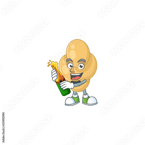 Happy face of bordetella pertussis cartoon design toast with a bottle of beer photo